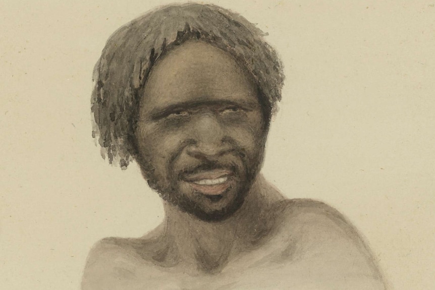 Sketch of Indigenous man, hair shaped helmet style, short beard, bare torso.