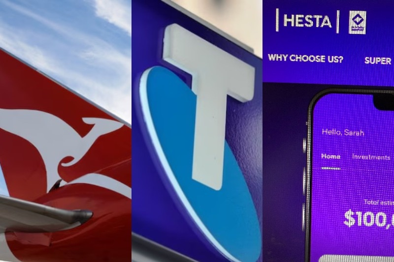 Composite of Qantas plane tail, Telstra signage, HESTA app