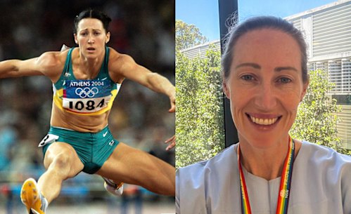 Jana Pittman competing at the 2004 Olympic Games, and as a doctor today.