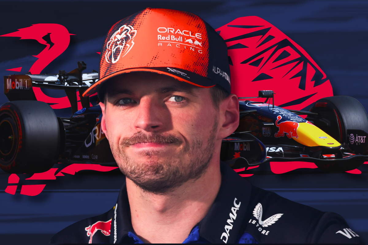 A downcast Max Verstappen is shown with a Red Bull car in the background