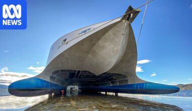 Ship lift of Incat electric ferry onto MV Black Marlin thrills spectators in Hobart