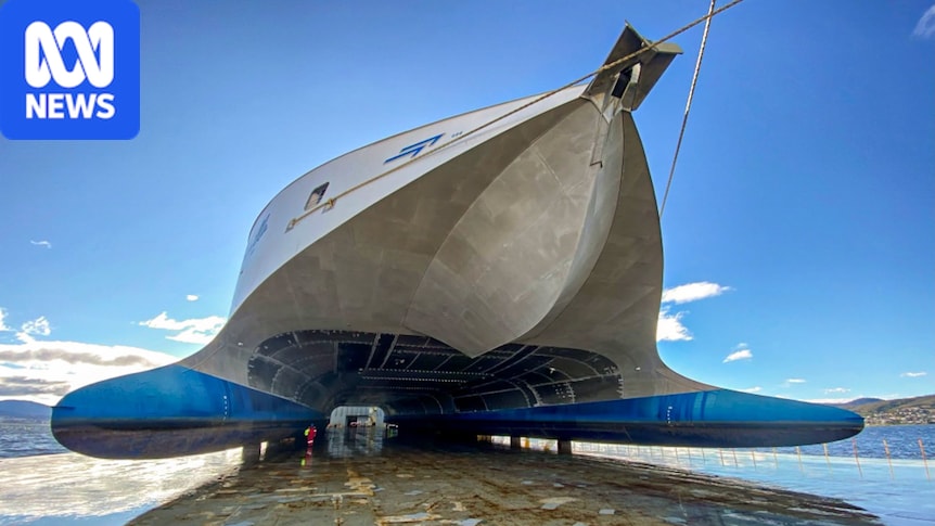 Ship lift of Incat electric ferry onto MV Black Marlin thrills spectators in Hobart