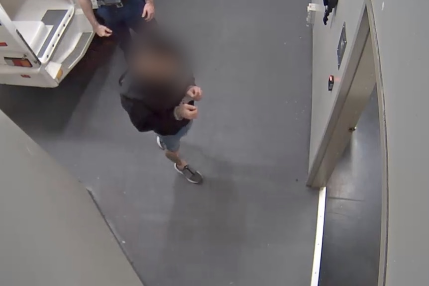 A handcuffed man walking out of a police paddywagon. His face is blurred.