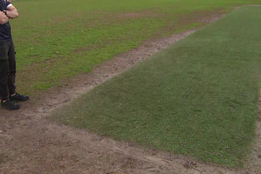 A man's arms and legs can be seen beside a dark rectangle of fake grass in the middle of lighter green grass.