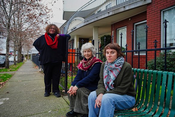 Footscray Community Response group members Terri Soumilas, Debra Harding and Shifrah Blustein on the steps of Foley House in Footscray.