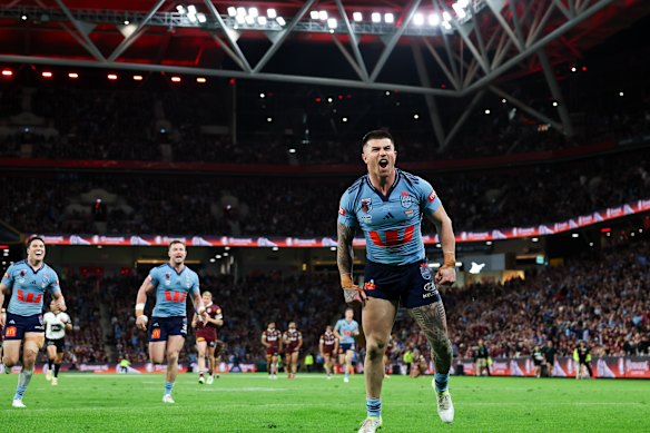 Bradman Best celebrates his try earlier in the match.