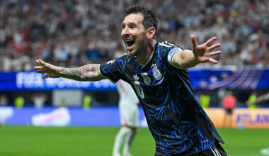 Lionel Messi of Argentina celebrates the team's second goal  during their World Cup semifinal match against England  on July 15, 2026.
