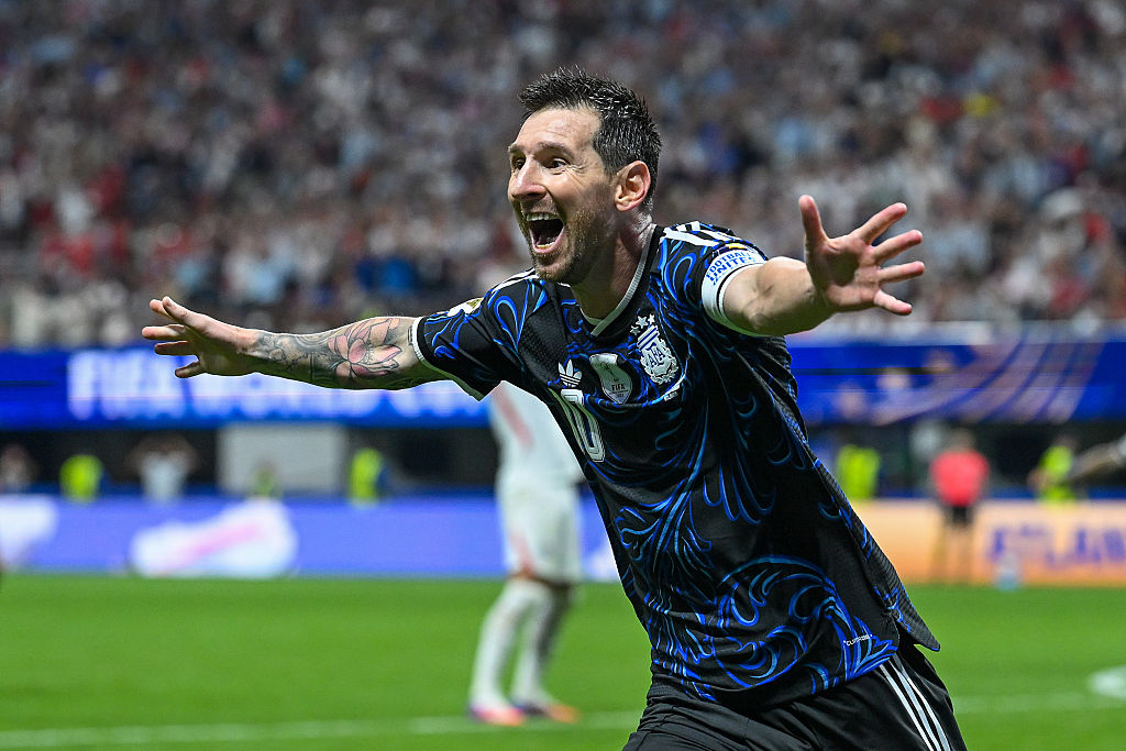 Lionel Messi of Argentina celebrates the team's second goal  during their World Cup semifinal match against England  on July 15, 2026.