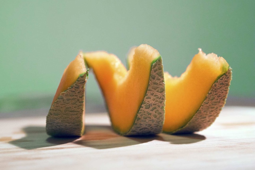 Three slices of freshly cut rockmelon.