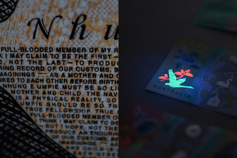 Composite image of hidden microtext on a note, and a bird and flower image revealed under a UV light.