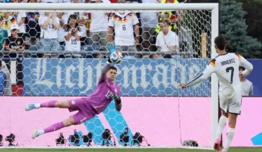 Paraguay’s goalkeeper Orlando Gill saves the penalty kick by Germany’s forward Kai Havertz during the penalty shoot-out of the 2026 World Cup match between Germany and Paraguay on June 29.