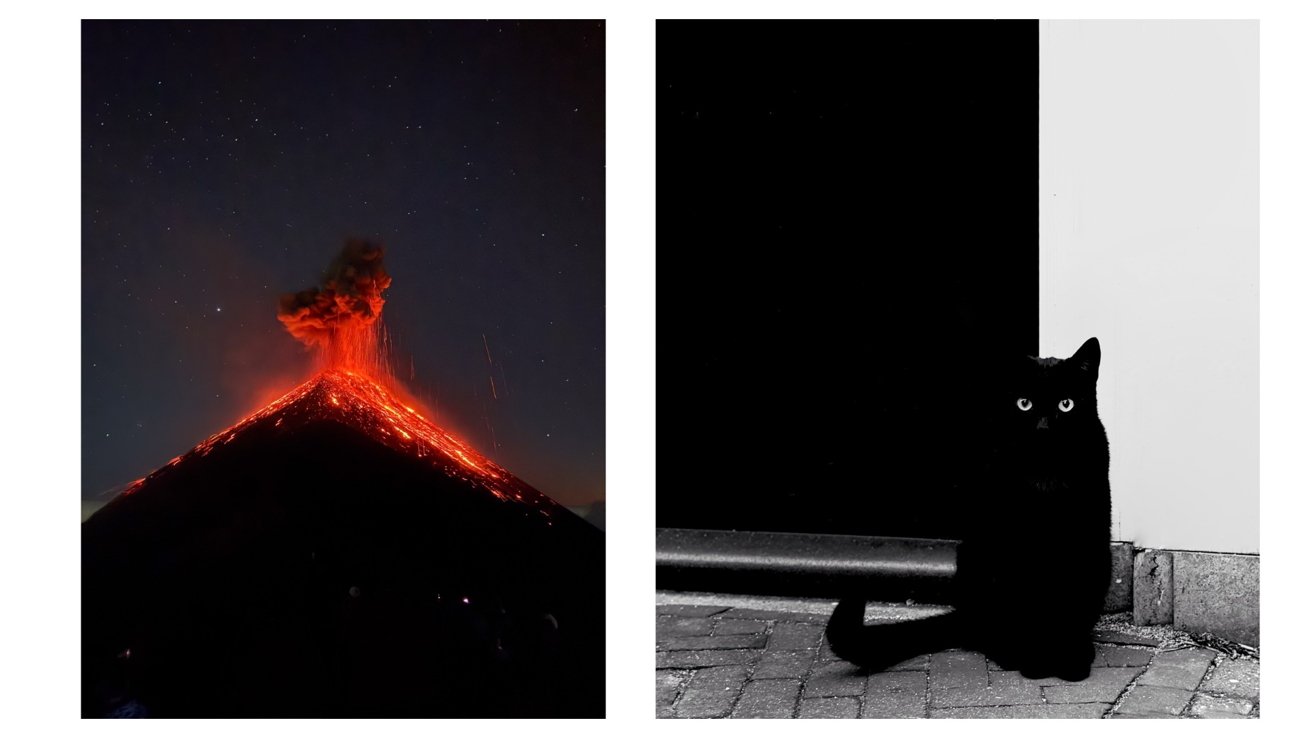 Sidebyside scenes: a dark volcano erupting glowing red lava at night on the left, and a black cat with bright eyes sitting on a doorway threshold on the right