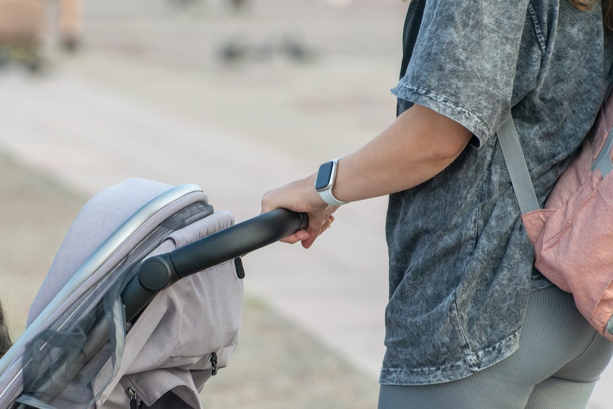 A woman pushing a pram.