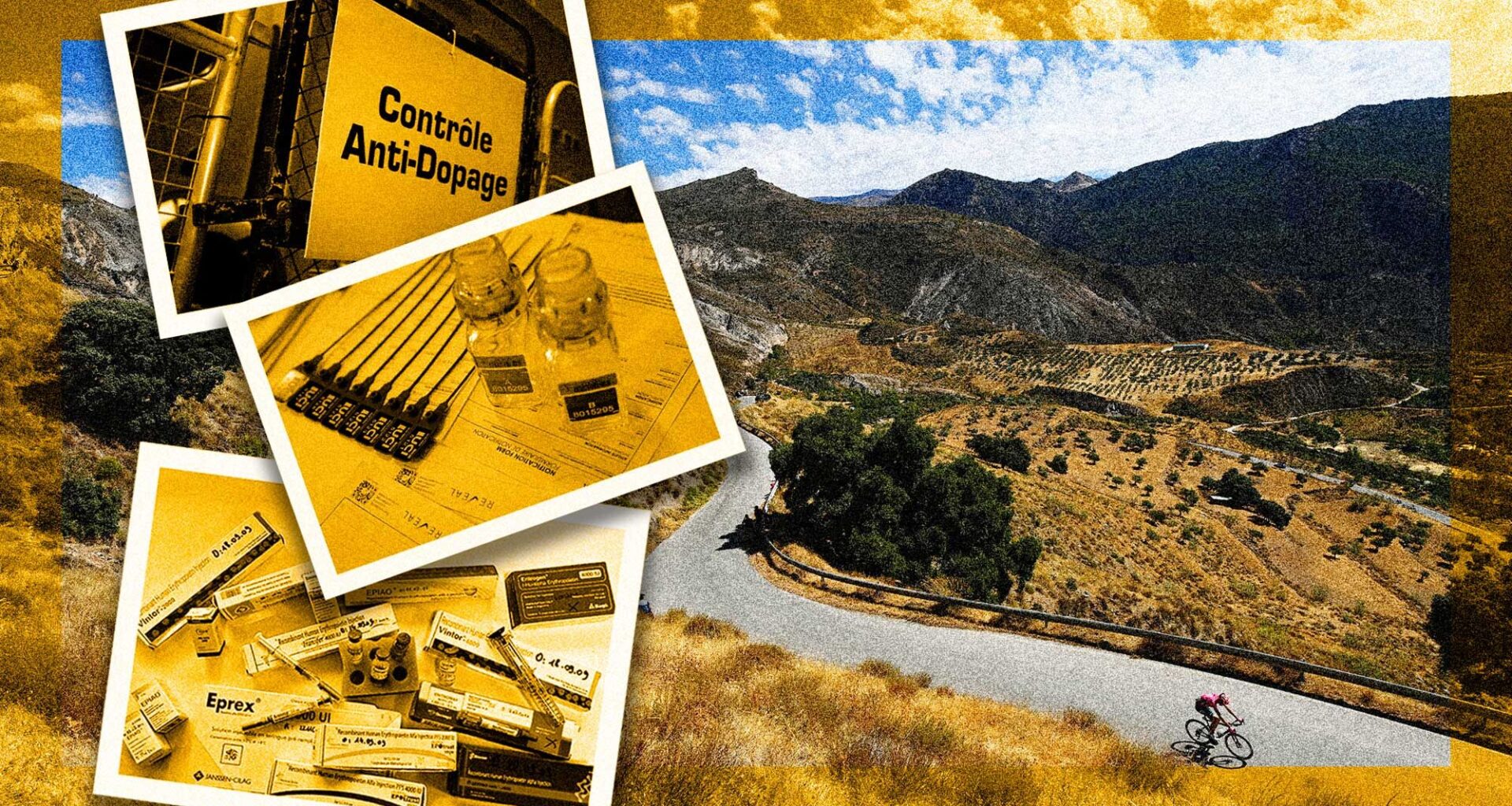 Several images related to EPO and doping/anti-doping, with the Sierra Nevada backdrop, a high altitude training location for cyclists, in the background.