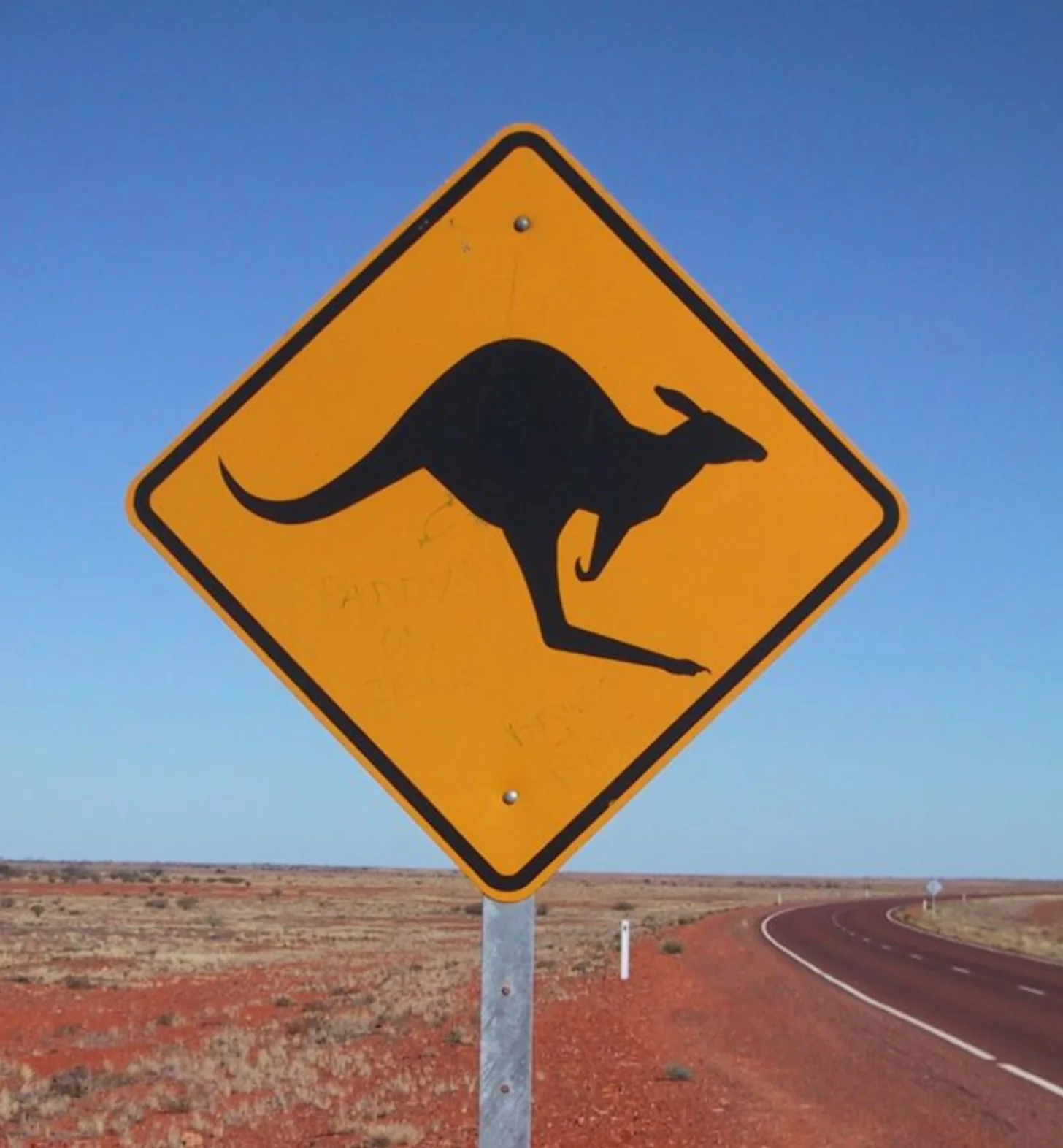 A Kangaroo Crossing Sign: Yellow diamond-shaped warning sign with black silhouette of a kangaroo, mounted on a pole beside a red dirt road in an arid landscape under a blue sky.