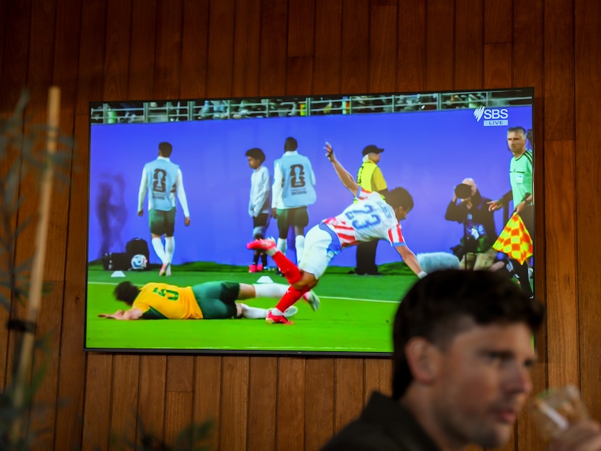 A television plasma screen screening world cup soccer affixed to a wooden pub wall with man drinking beer in foreground