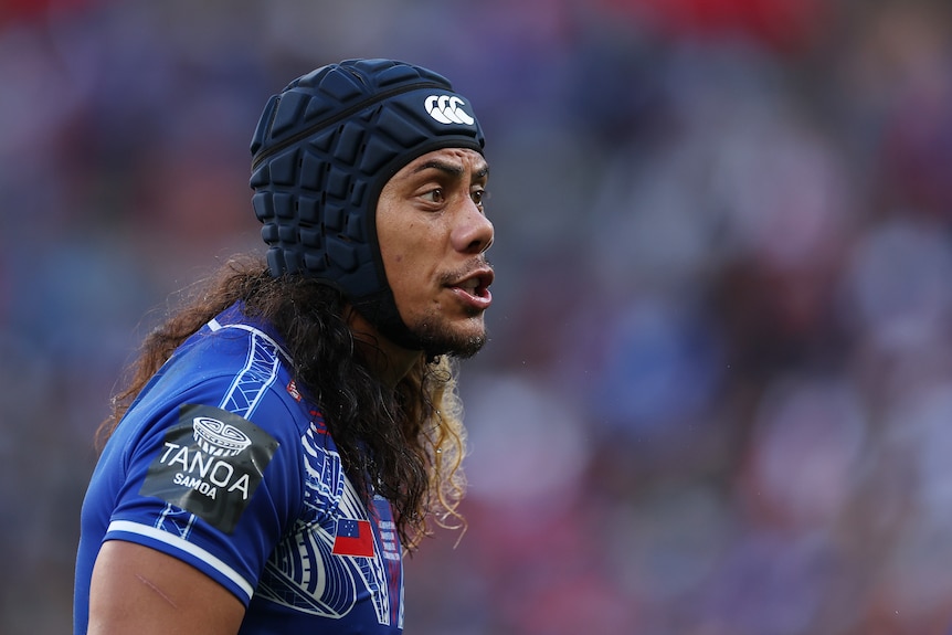 Jarome Luai of Samoa talking on the field during a rugby league Test match