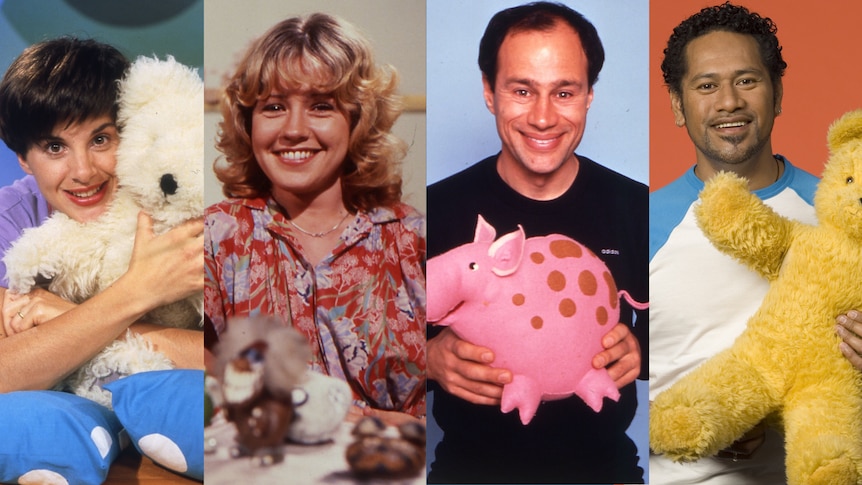 Four presenters of ABC's Play School hold soft toys in a collage format