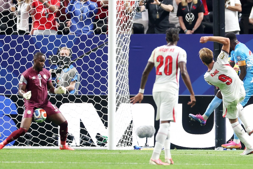 Lionel Mpasi makes a save with his groin from a Harry Kane strike