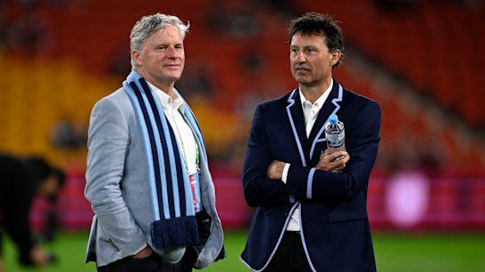 Stuart Diver with NSW coach Laurie Daley after the Blues’ win at Suncorp Stadium on Wednesday night.