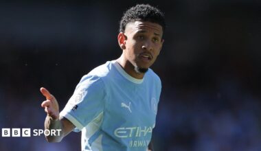 Manchester City winger Savinho gestures during a Premier League match
