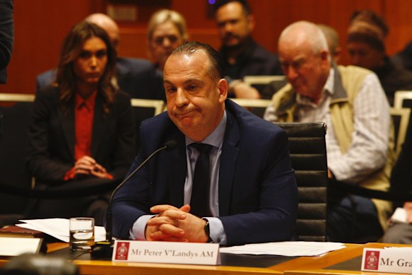 Johnstone (left) sits behind V’landys at the Rosehill inquiry in 2024.