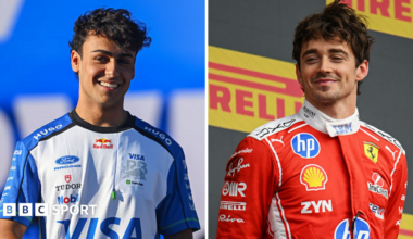 A split image of a smiling Arvid Lindblad and Charles Leclerc