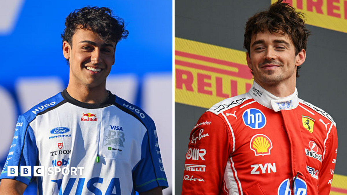 A split image of a smiling Arvid Lindblad and Charles Leclerc
