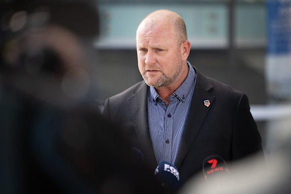 Wests Tigers CEO Shaun Mielekamp speaks to the media on Monday.