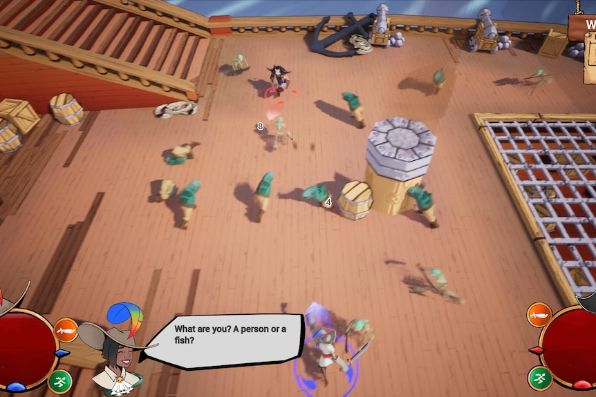 A pirate themed video game which has a group of enemies on screen