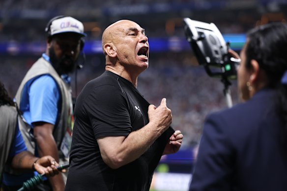 Hossam Hassan of Egypt reacts, and was given a yellow card.