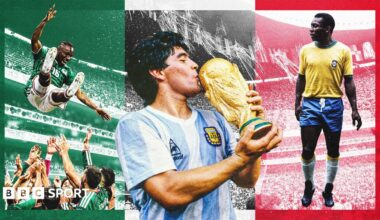 A composition image featuring Mexico's 2026 Fifa World Cup squad, Diego Maradona, and Pele in front of a backdrop of Estadio Azteca, templated with the colours of the Mexican flag