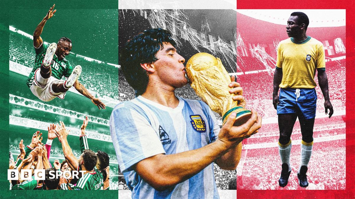 A composition image featuring Mexico's 2026 Fifa World Cup squad, Diego Maradona, and Pele in front of a backdrop of Estadio Azteca, templated with the colours of the Mexican flag