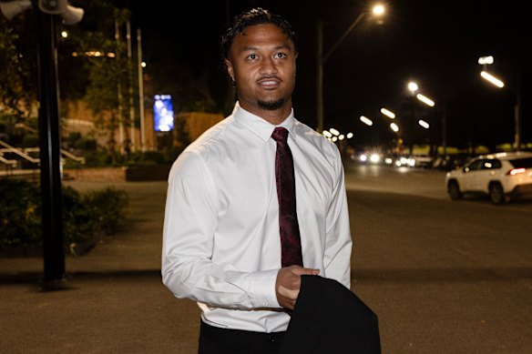 Latu Fainu arrives at NRL HQ on Tuesday night.