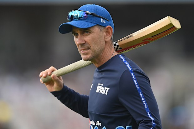 Justin Langer of London Spirit looks on before in the The Hundred tournament.