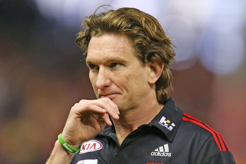 James Hird scratches his chin with his right hand