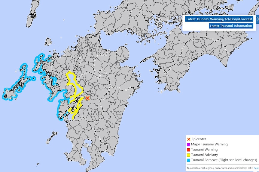 A grey and blue graphic map of south-western Japan showing one prefecture highlighted in blue and another in yellow.