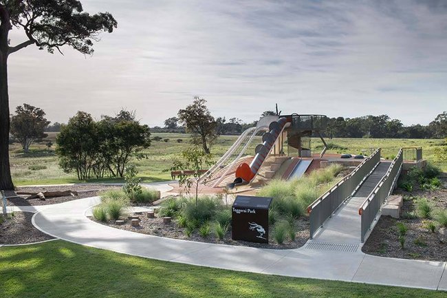 A slide at a brand new park in southwest Sydney has been shut after a man was hospitalised for a leg injury using the play equipment.