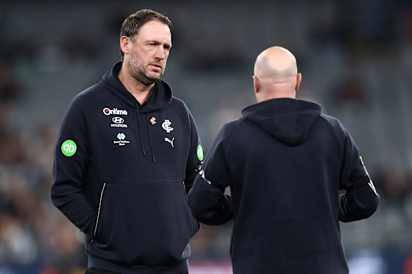 Interim coach Josh Fraser with Carlton’s football general manager Chris Davies.