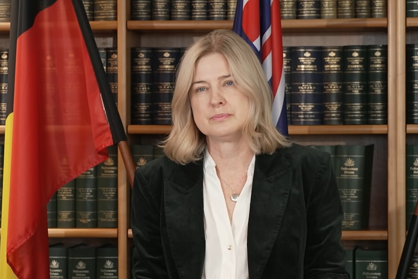 Julie Collins in a black blazer, blonde hair, speaking with flags and a bookshelf behind her.