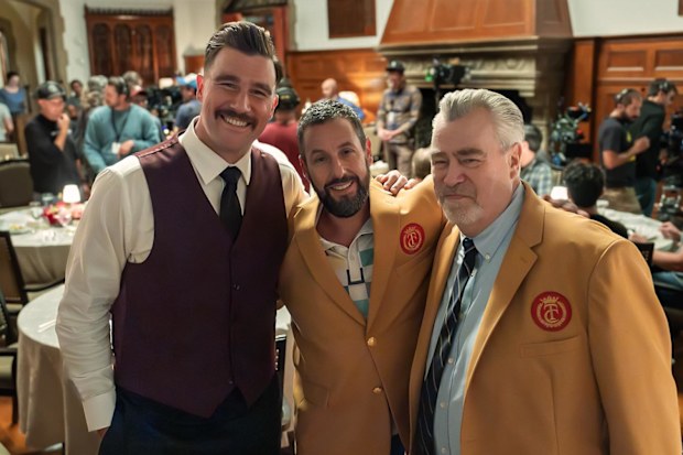 Travis Kelce, Adam Sandler, Ed Kelce on the set of Happy Gilmore 2