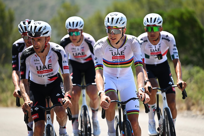 Tadej Pogačar and the UAE Team Emirates XRG team ride.