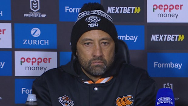 Benji Marshall speaks to reporters after the Wests Tigers’ loss to the Warriors