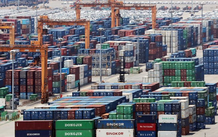 Containers are stacked at a port in Pyeongtaek, around 60 kilometers south of Seoul, July 1. Yonhap