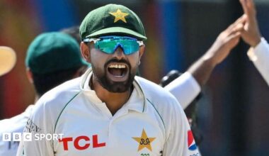 Babar Azam celebrates after taking the wicket of Sri Lanka's Dhananjaya de Silva during the fourth day of the second and final Test in Sri Lanka in July 2023