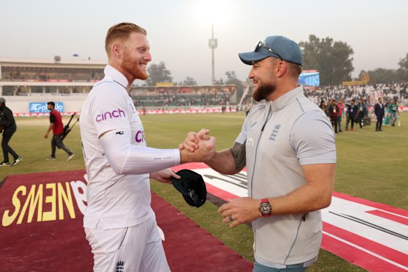 The architects of ‘Bazball’: England captain Ben Stokes and coach Brendon McCullum after an early victory.