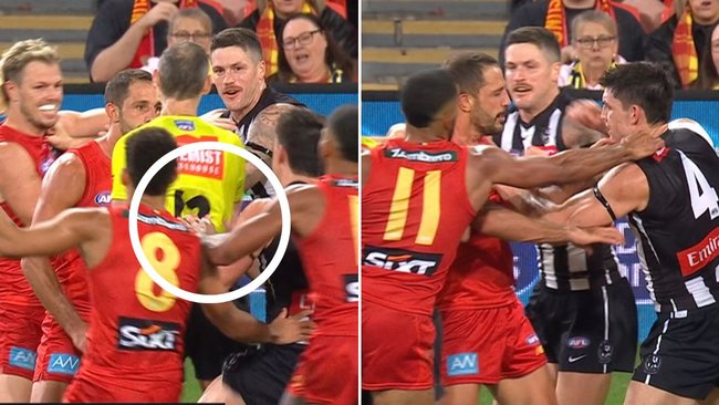 Brayden Maynard appeared to make contact with the umpire during the wild brawl. 