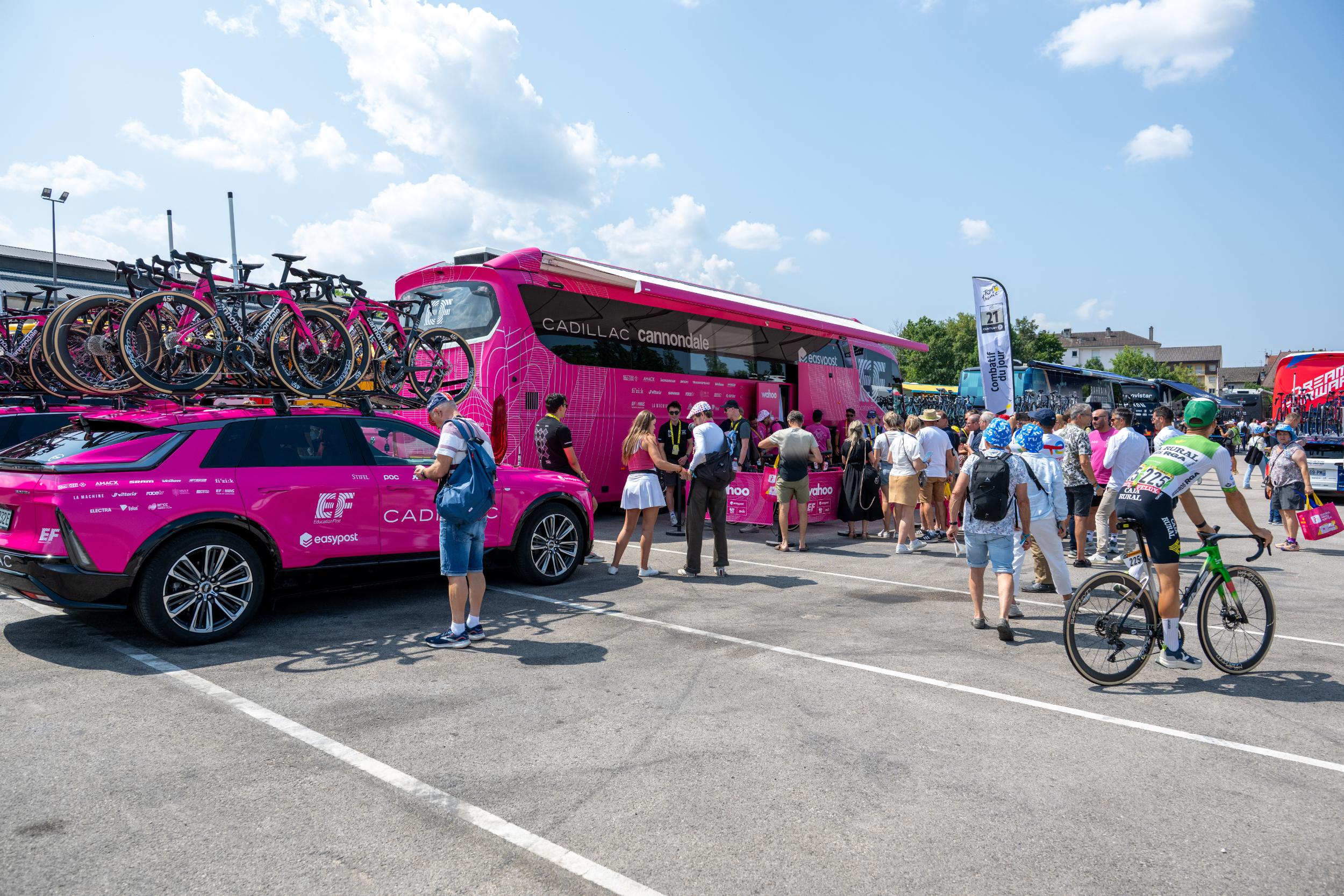 EF Education-EasyPost bus at the start of stage 15 of the Tour de France