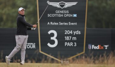 Matt Fitzpatrick hits a tee shot on the third tee
