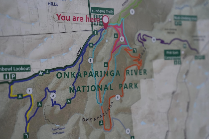 A map outlining the walking paths at Onkaparinga River National Park